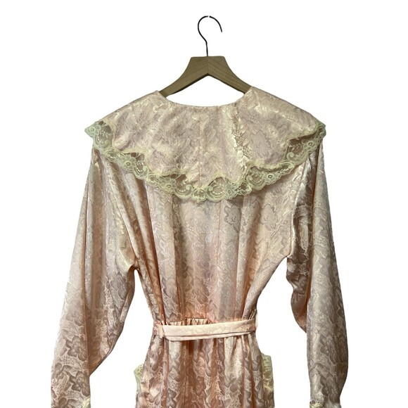 VICTORIA'S SECRET Vintage 90s Gold Label Long Satin Robe Belted Peach Lace M/L - Picture 6 of 14